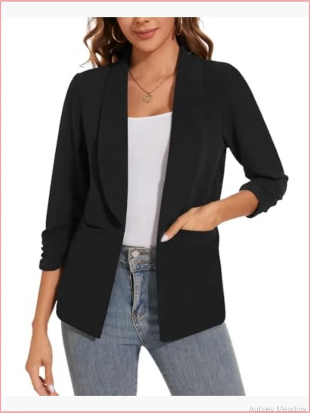 Women Casual Shawl Lapel Ruched 3/4 Sleeve Open Front Blazer Jacket